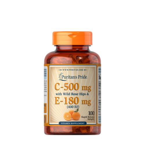 Puritan's Pride Vitamín C 500 mg a vitamín E 400 IU so šípkami (100 Mäkká kapsula)